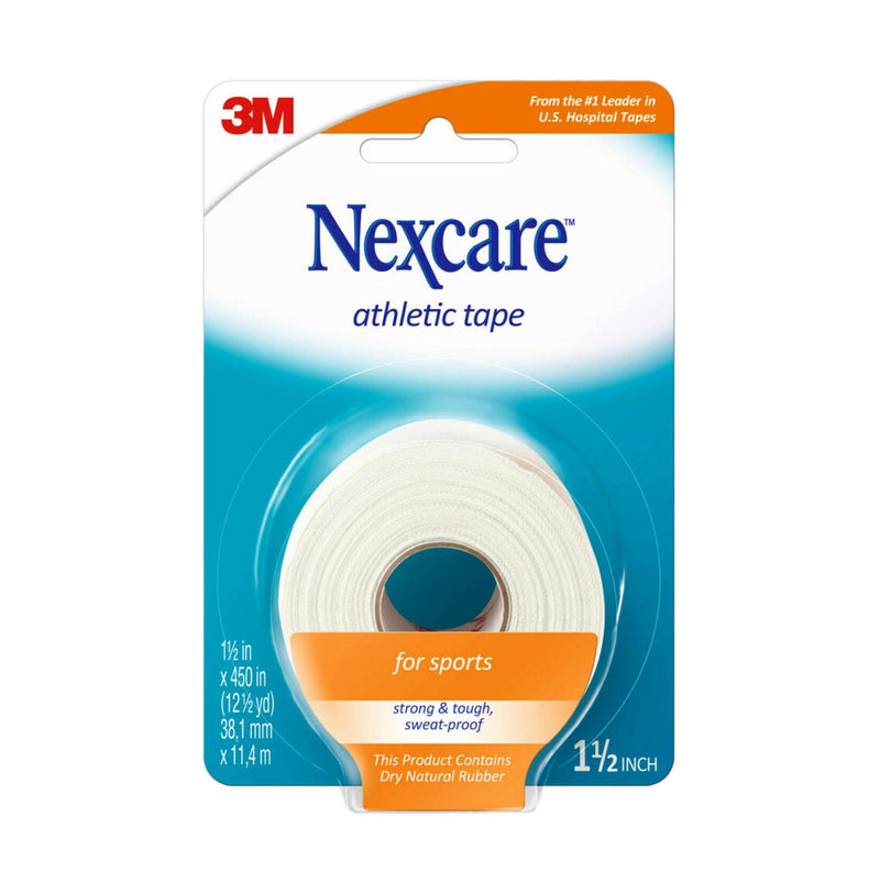 Front of 3M Nexcare Athletic Cloth Tape White Roll, 38.1mm x 11.4m, with the tape roll shown in its packaging