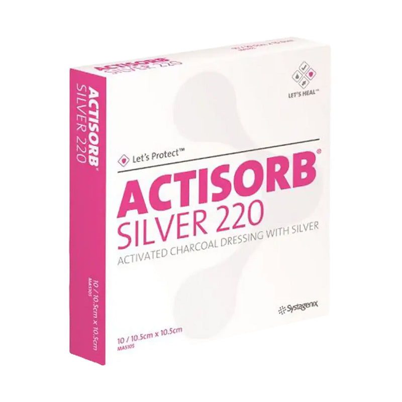 Solventum Front and side of Actisorb Silver 220 activated charcoal dressing packaging, 10.5 x 10.5cm, MAS105