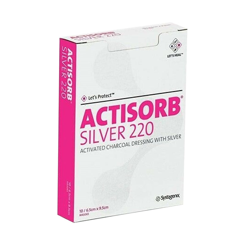 Solventum Actisorb Silver 220 activated charcoal dressing with silver, outer box marked 6.5 x 9.5cm and MAS065