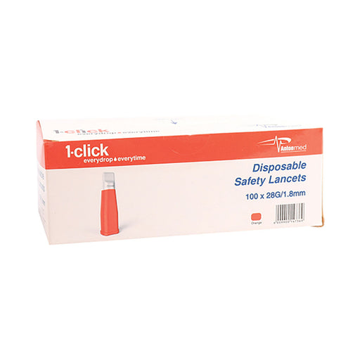 Antonmed Disposable Safety Lancet 1-Click 28g x 1.8mm Orange 100 Pack