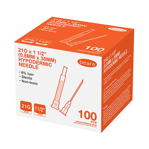 Beare Hypodermic Needles 21g x 38mm 100 Pack