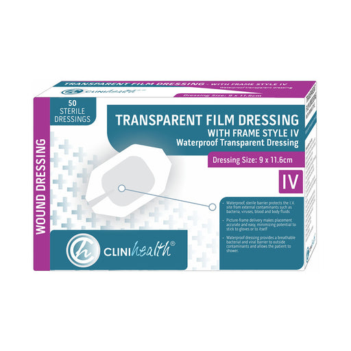 Clinihealth transparent IV film dressing with frame 9 x 11.6 cm 50 pack