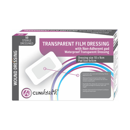 Clinihealth Dressing Transparent Film and Pad 10 x 9cm 50 Pack