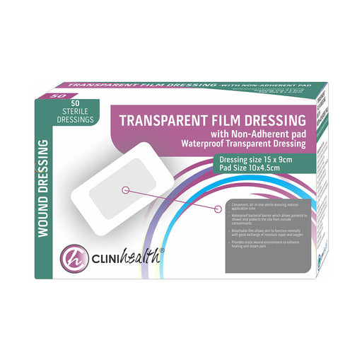 Clinihealth Dressing Transparent Film and Pad 15 x 9cm 50 Pack