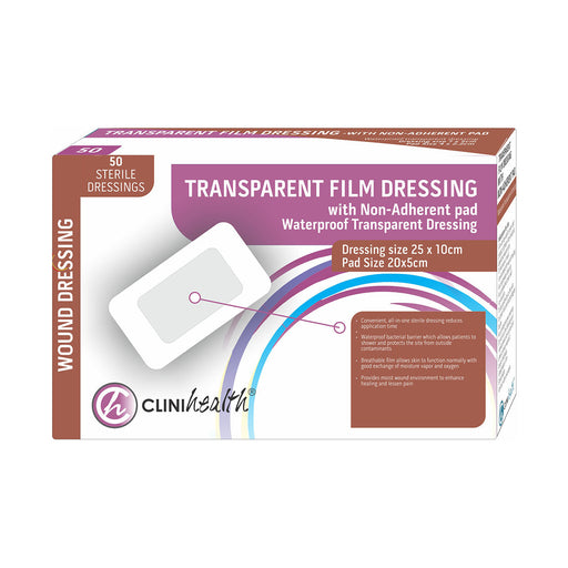 Clinihealth Dressing Transparent Film and Pad 25 x 10cm 50 Pack