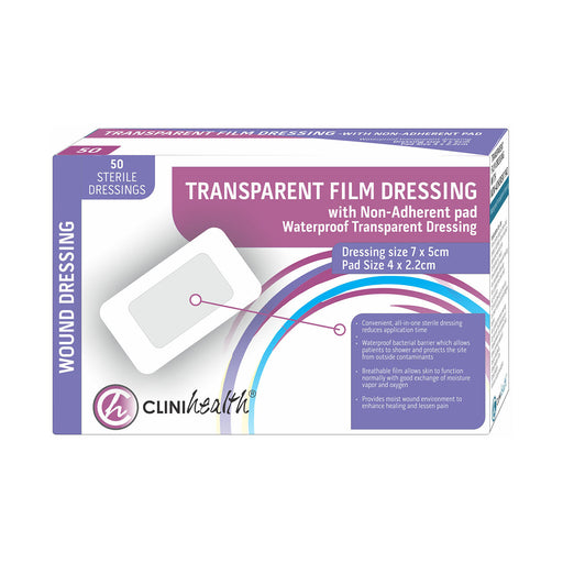Clinihealth Dressing Transparent Film and Pad 7 x 5cm 50 Pack