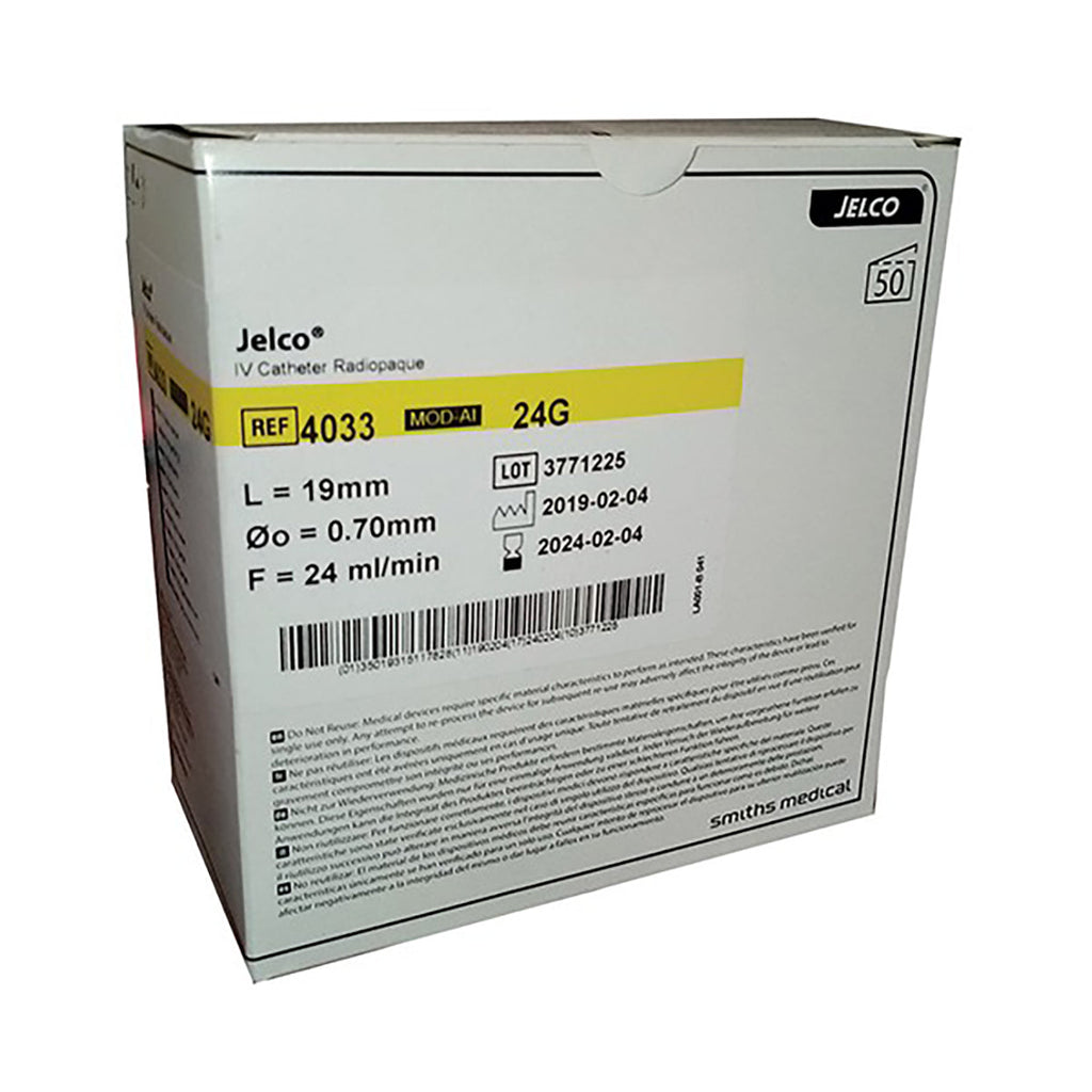 Jelco IV Catheter Radiopaque 24g Yellow 50 Pack - Med365