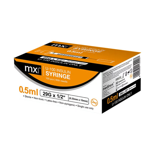 MX Health Insulin Syringes 0.5ml 29g 100 Pack