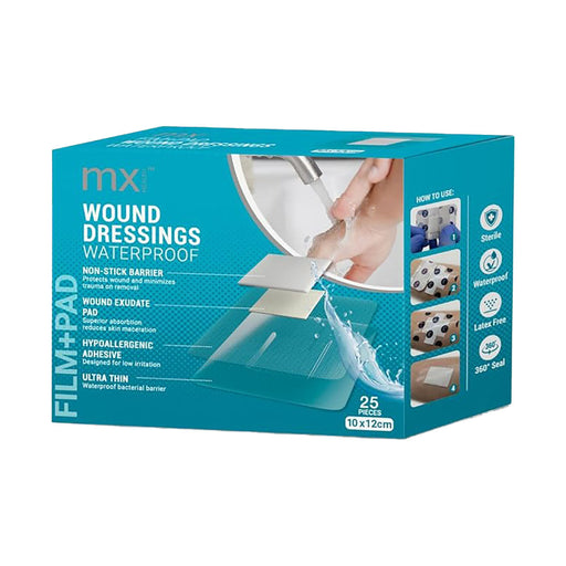MX Health Wound Dressing Waterproof Film With Pad 10 x 12cm 25 Pack