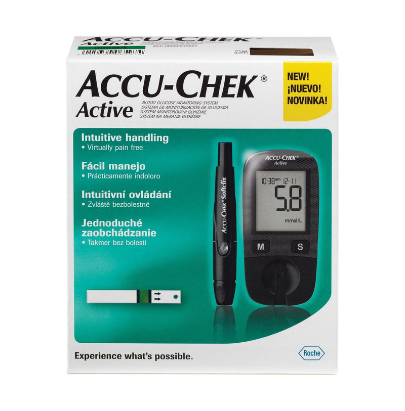 Front packaging for the Accu-Chek Active Kit showing the glucose meter, lancing device and test strip