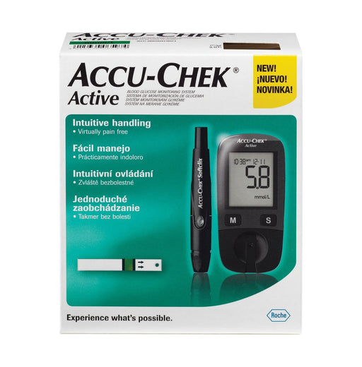 Front packaging for the Accu-Chek Active Kit showing the glucose meter, lancing device and test strip