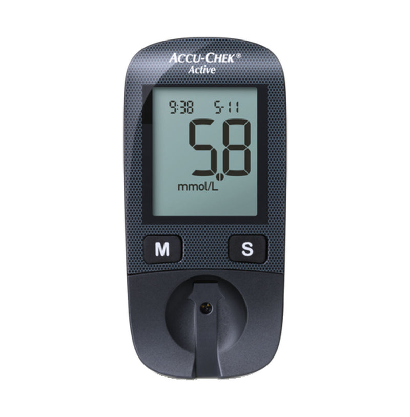 Accu-Chek Active Kit blood glucose meter showing a 5.8 mmol/L reading