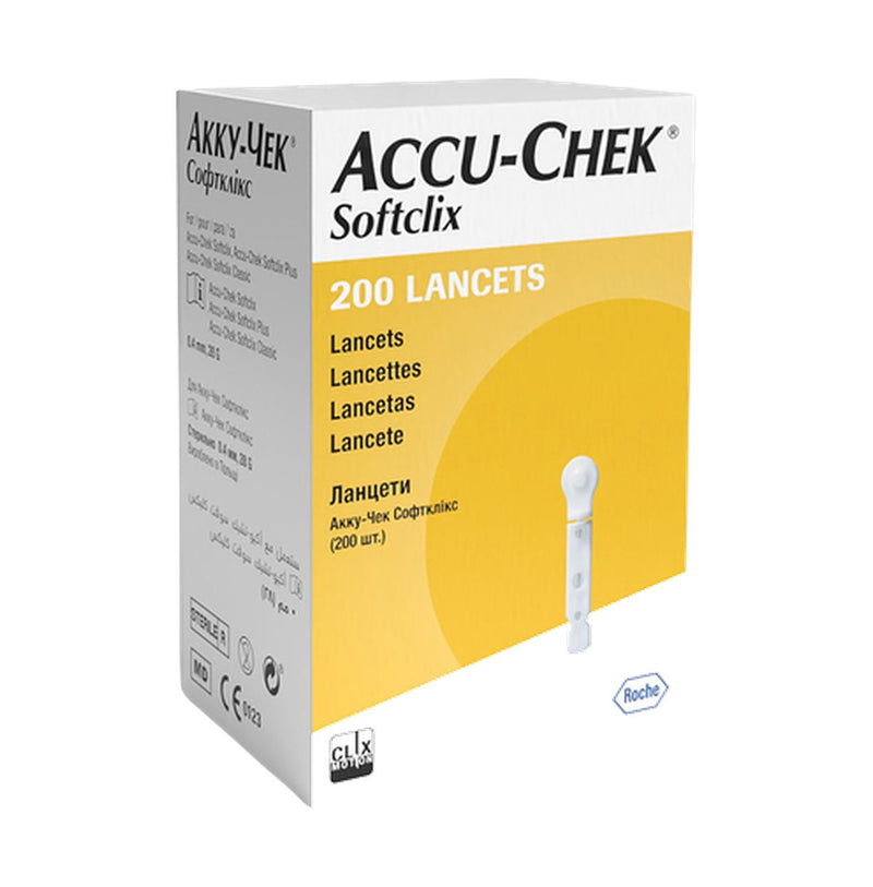 Accu-Chek Softclix Lancets 200 Pack packaging, with front and side panels visible