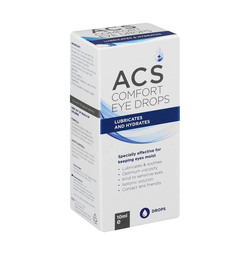 ACS Comfort Drops lubricates and hydrates eye drops, 10ml carton with front and side panels visible