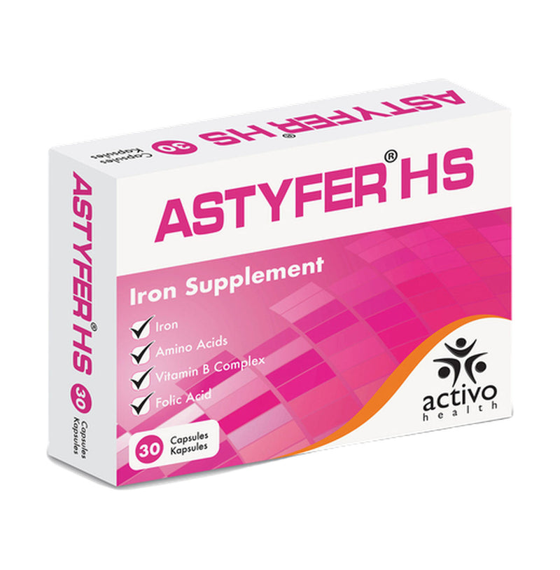 Front and side view of Activo Health Astyfer HS Capsules, 30 pack