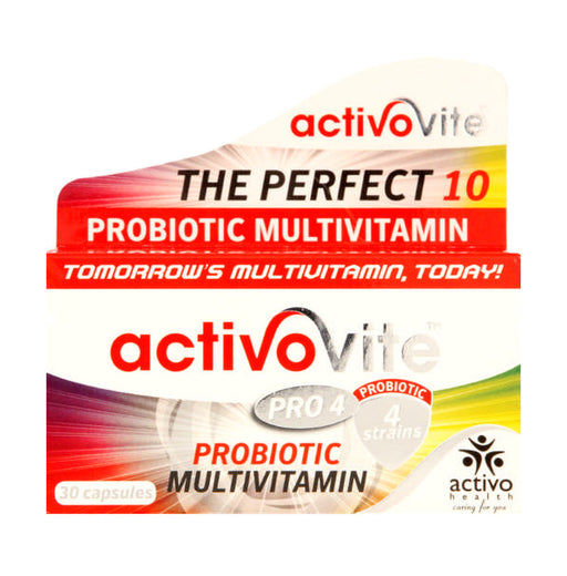 Front of ActivoVite Pro4 Supreme Capsules, 30 pack, with probiotic multivitamin text