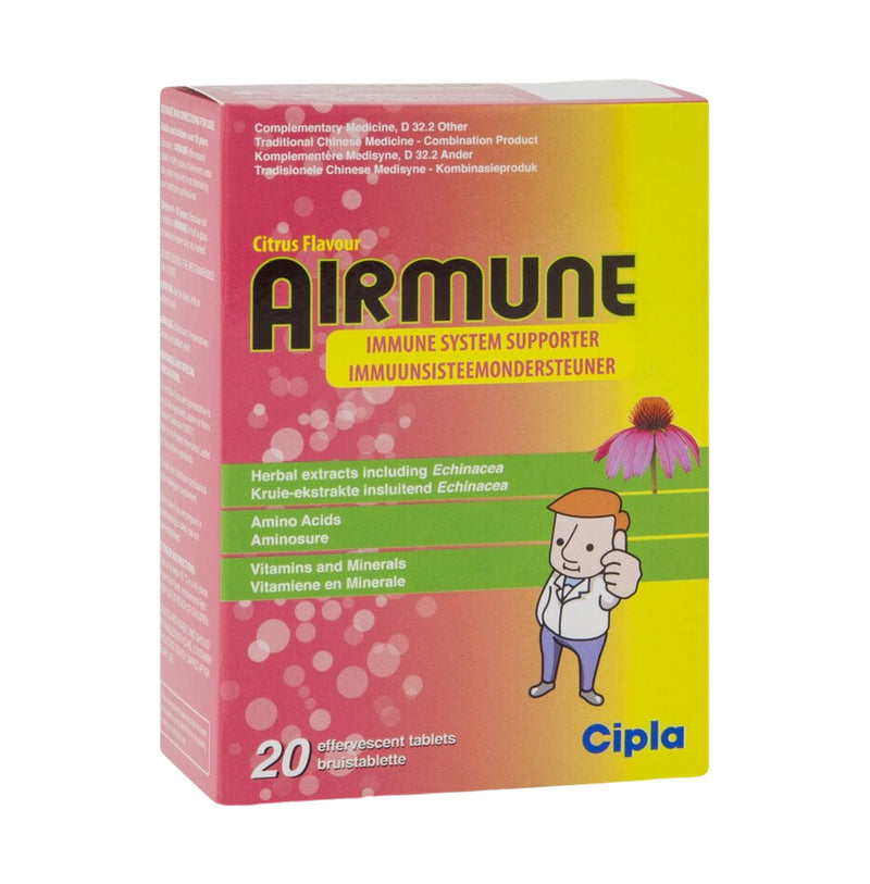 Front and side panels of Airmune Immune System Supporter Citrus Effervescent Tablets, 20 pack