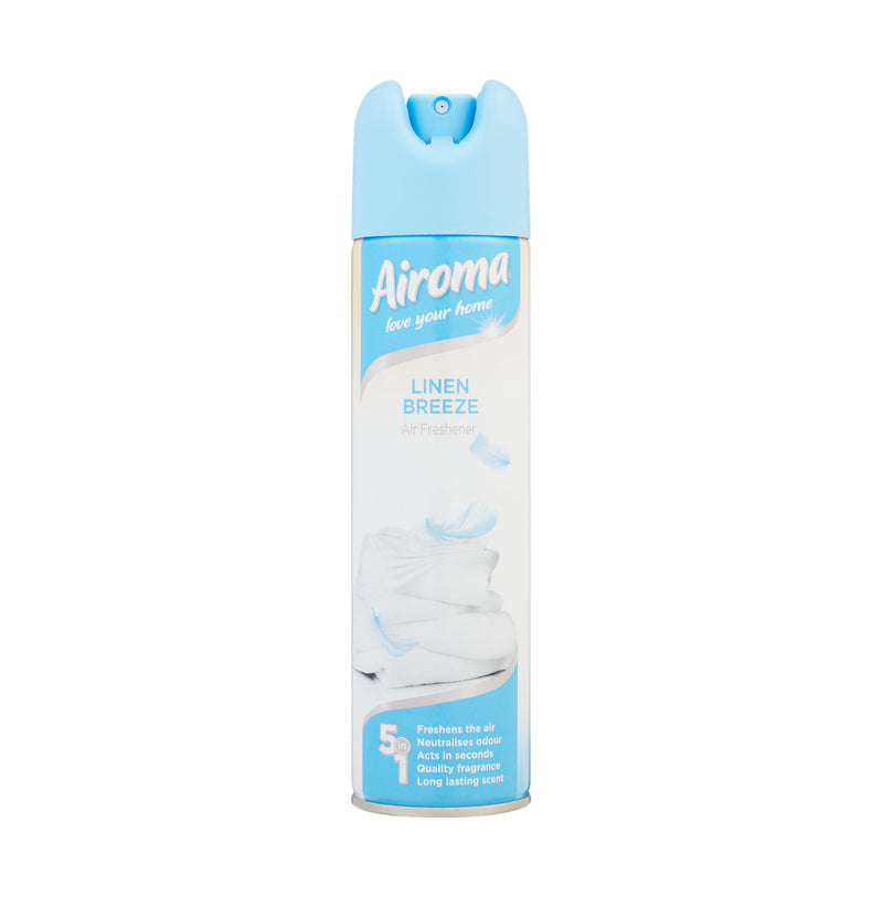 Front of Airoma Linen Breeze air freshener aerosol, 210ml