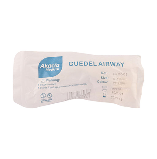 Front of Akacia Guedel Airway, yellow, size 5, 11cm, reference GR105035, in sealed packaging