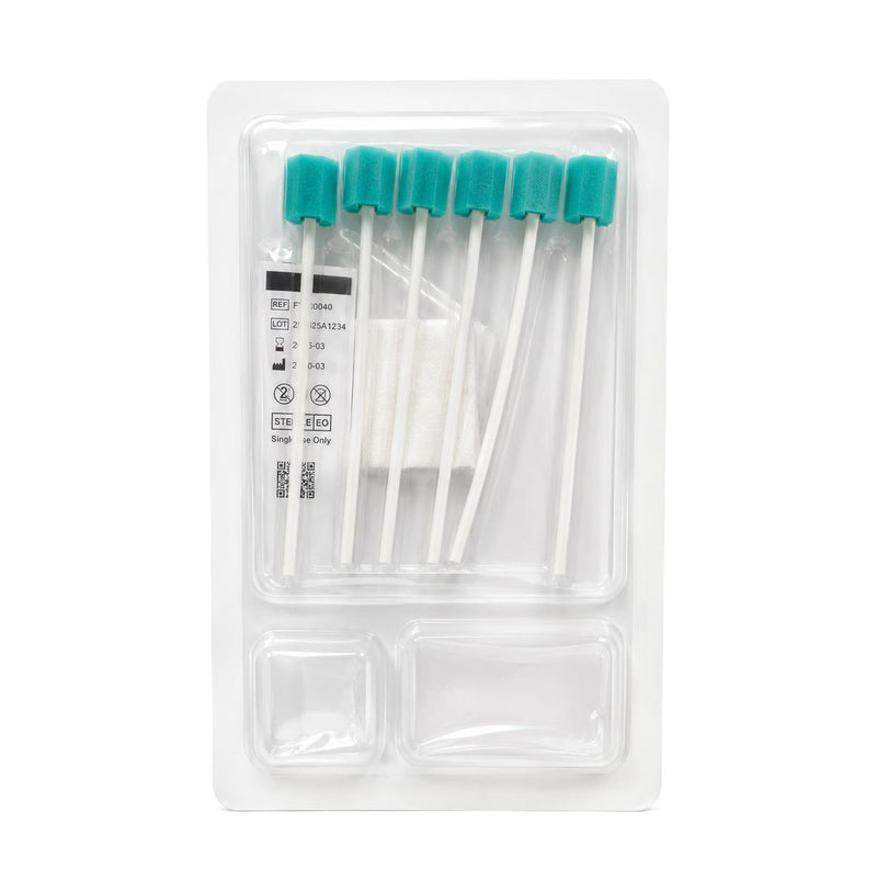 Akacia Medical disposable mouth dressing tray, PT080040, with six foam-tipped swabs in the packaging