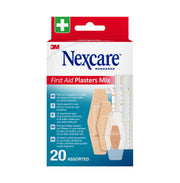 Front of Nexcare First Aid Mix Assorted Plasters 20 Pack, with assorted plaster designs shown