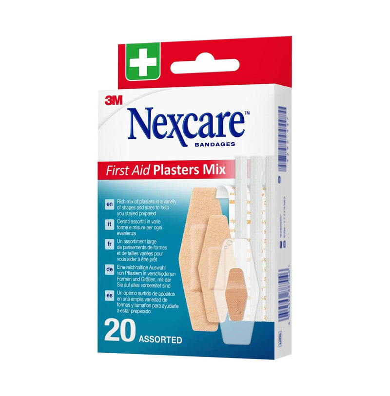 Nexcare First Aid Mix Assorted Plasters 20 Pack, front and side of the package