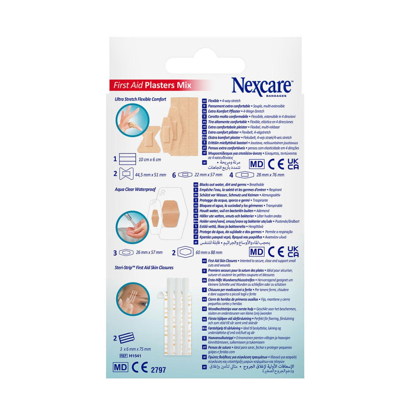 Back of Nexcare First Aid Mix Assorted Plasters 20 Pack, with plaster size diagrams and product information