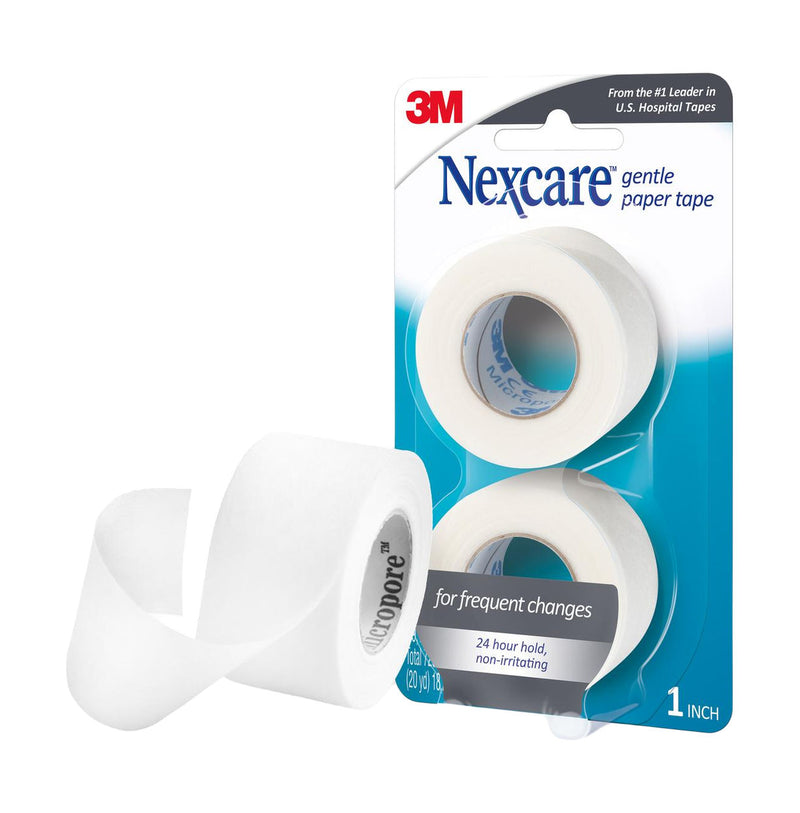 Nexcare Gentle Paper White Tape, 2.54cm x 9.14m, 2 Pack, with two rolls visible on the front packaging