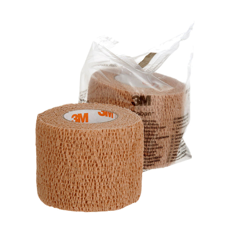 Solventum 3M Coban Self-Adherent Tan Wrap 5cm x 4.5m 1582, roll with packaging