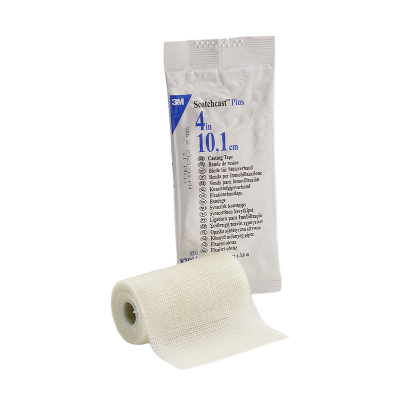 Solventum 3M Scotchcast Plus White Casting Tape, 10.1cm x 3.6m, with packaging and unrolled tape