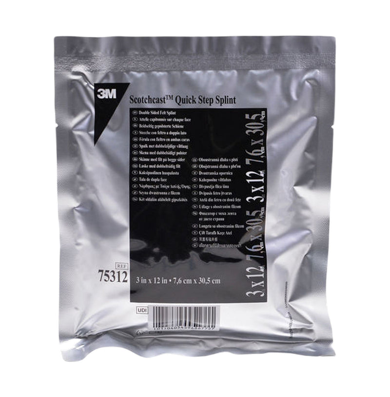 Sealed package of Solventum 3M Scotchcast Quick Step Splint, pre-cut 7.6 x 30.5cm, reference 75312