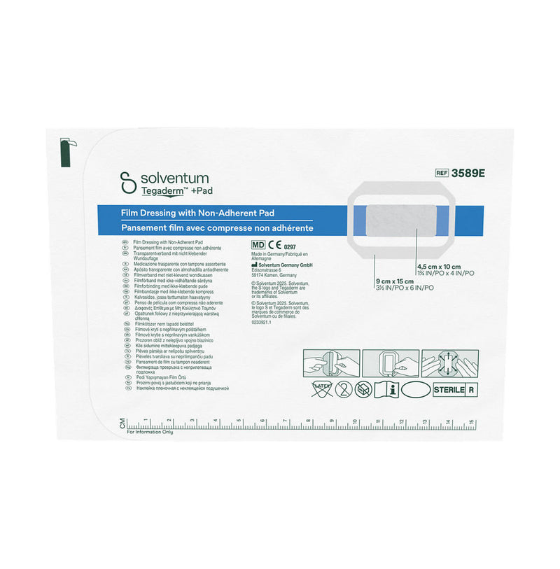 Solventum 3M Tegaderm +Pad film dressing with non-adherent pad 9 x 15cm, REF 3589E packaging