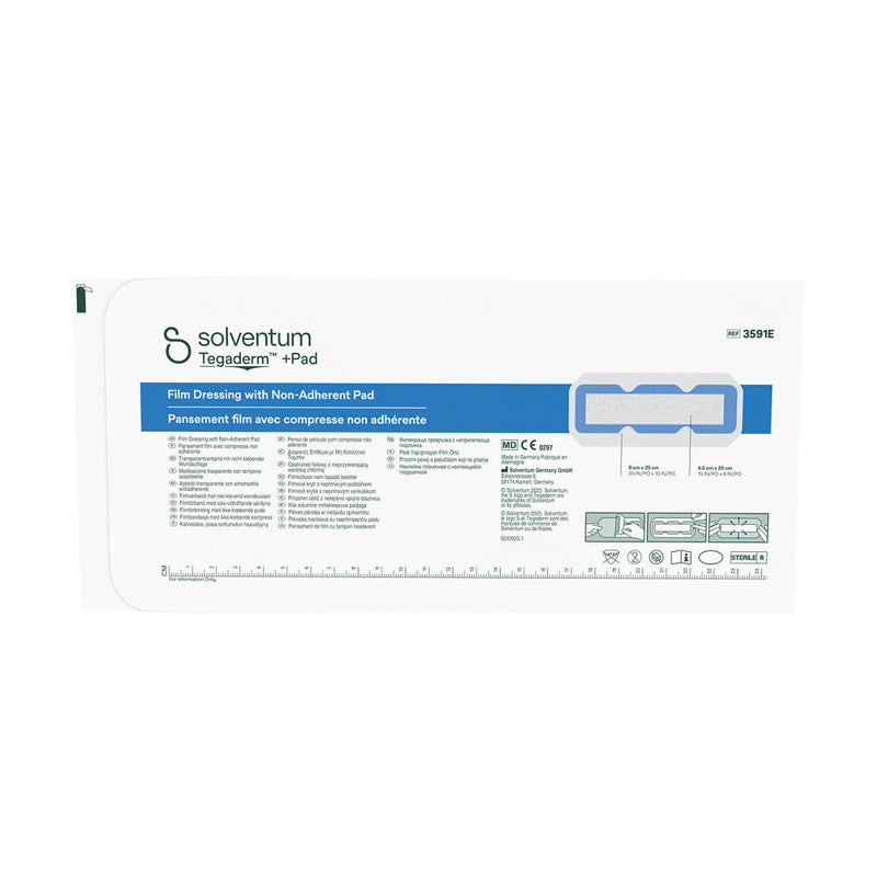 Front packaging for Solventum 3M Tegaderm +Pad film dressing with non-adherent pad, 9 x 25cm, 1 unit, 3591